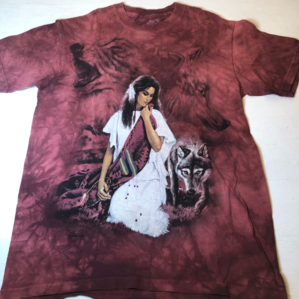 The Mountain Native-Inspired Graphic Tee w/ Wolf and Woman, Maroon Tie-Dye, 2007